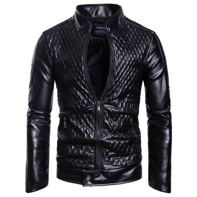ZZOOI Spring Autumn Men for Leather Jacket New Men Diamond Design Stand Collar Zipper PU Coats Male Casual Streetwear