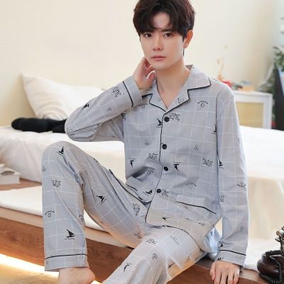 MUJI High quality Kangyimei 2023 new pajamas mens spring and autumn 100  cotton long-sleeved middle-aged and young cardigan home clothes loose