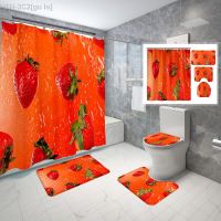 【CW】✚  4 Pcs Strawberry Shower Curtain Sets with Toilet Lid Cover and Pink Fruit Kids