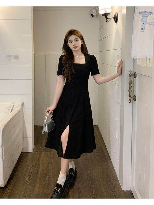 whitetime-ชุดเดรสพิมพ์ลายคอวีเหลี่ยมสำหรับฤดูร้อน-dress301t2596คอปกสี่เหลี่ยมทรงเอวสูงโชว์เนื้อหนังแขนสั้นแบบผ่า