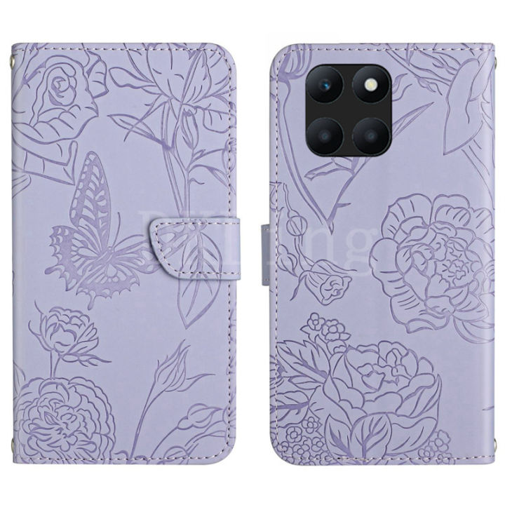 เคสโทรศัพท์นุ่มหนังกระเป๋าเงินแบบฝาพับ-x6a-เคสสำหรับ-honor-แฟชั่นน่ารักแบบดอกไม้ผีเสื้อซิลิโคน-pu-มีที่จับ