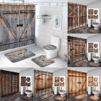 【CW】┅▽  Rustic Shower Curtains Set Barn Door Wood Farmhouse Rug Toilet Cover Curtain