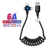 6A 3in1 Spring Charging Cable For Huawei Xiaomi Samsung Micro 8 Pin Type-C Fast Charger For iPhone Retractable USB Data Cable