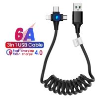 6A สปริง3in1สปริงสายชาร์จสำหรับ Xiaomi Huawei Samsung Micro 8 Pin Type-C ที่ชาร์จความเร็วสูง iPhone และข้อมูล USB ยืดหดได้