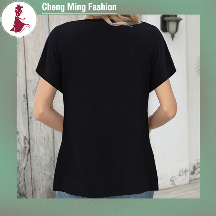 cheng-ming-เสื้อยืดแขนสั้นสำหรับผู้หญิง-เสื้อเบลาส์แขนสั้นเสื้อทรงหลวมเสื้อปุ่มสีสีตัดกันสำหรับทันสมัยฤดูร้อน