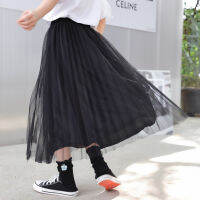 Pleated Skirt for Girls Solid Mesh Princess Kids Skirts All-match Mid-length A-line Skirts 12 13 14 Years Beige Childrens Skirt