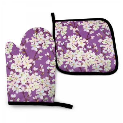 Purple Cherry Blossoms Oven Mitt and Pot holder Set Heat Resistant Non Slip Kitchen Gloves with Inner Cotton Layer for Cooking