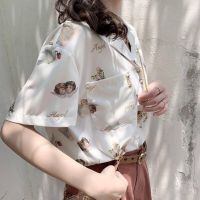 Angel Printed V-neck Retro Short Sleeve Shirt for Women Trendy Blouse Tops