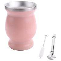 2X Double-Wall Stainless Yerba Mate Gourd Tea Cup Set Coffee Water Cup With 2 Bombillas Straws Spoon &amp; Clean Brush ,Pink