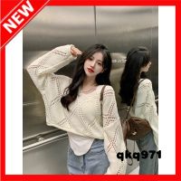 qkq971 Cutout Diamond Grid V-Neck Design Sense Careful Loose Long Sleeve Knit Sweater Women