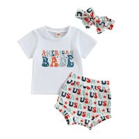 Baby Girls Shorts Set  Letters Print Short Sleeve T-shirt with Shorts and Hairband for Independence Day  by Hs2023