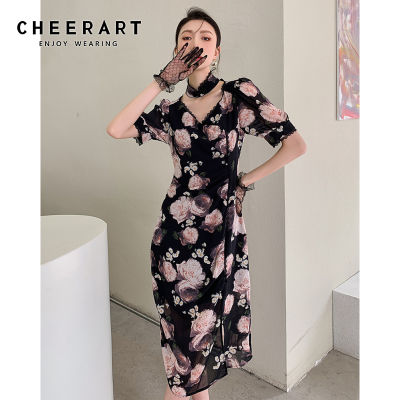 CHEERART Vintage Puff Sleeve Floral Long Midi Dress Women Summer Short Sleeve Tunic Bodycon Ladies V Neck Ladies Cheongsam Dress