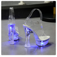 6 Color Square Heel Women Sandals Light Up Glowing Shoes Luminous Clear Sandals Platform Shoes High Heel 15cm Transparent Shoes