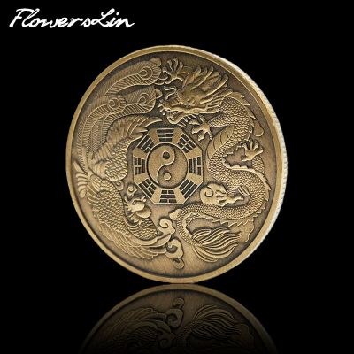 2023 New 1Oz Dragon Phoenix Commemorative Coin Tai Chi Eight Diagrams Challenge Coin Retro Bronze Coin Copper Plated Collectible