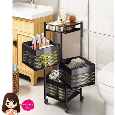 Steel storage shelf in square shape, rotatable, 3 tiers, with wheels, size 30×30×65 cm. black