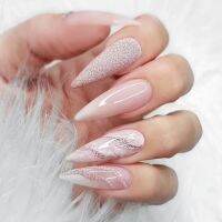 24Pcs Long Pointed Coffin Full Cover Artificial Fake Nails Smudged Glitter Pink Wearing Reusable False Nails Press on Nail Art