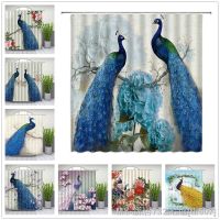 Blue Peacock Shower Curtains Beautiful Watercolor Bird Flower Peony Pattern Bathroom Decor Bathtub Waterproof Cloth Curtain Set