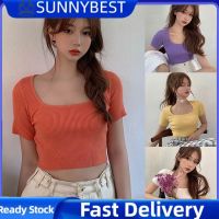 SUNNYBEST เสื้อถักแขนกางเกงขาสั้นบางเซ็กซี่ชุดเสื้อผ้าคอสี่เหลี่ยมธรรมดาเสื้อครอปถักสำหรับฤดูร้อน