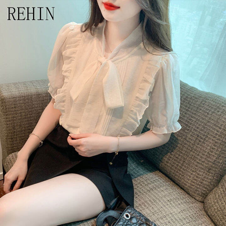 rehin-เสื้อผู้หญิงแขนสั้นผ้าชีฟองเสื้อหรูหราโบว์ฝรั่งเศสใหม่ฤดูร้อน