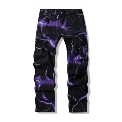 【CC】❁✴♟  Lightning Print Tie Dye Men Straight Jeans Trousers New Hip Hop Denim Pants Ropa Hombre