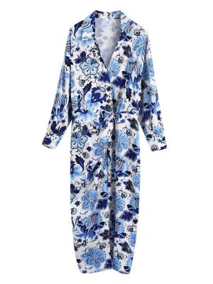 Elegant Women Blue Floral Print Midi Shirt Dress 2022 New Spring Double Breasted High Waist Fashion Female For Party Streetwear