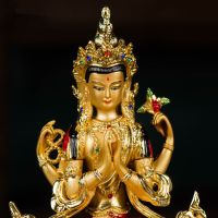 14.8Cm Colored Gold Plated Buddhist Suppliers Avalokitesvara Bodhisattva Four-Arms Guanyin Tibetan Figure Statue