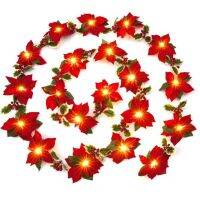 2M 10 LEDs คริสต์มาส Poinsettia ดอกไม้ String ไฟเรืองแสง Garland ประดิษฐ์สีแดง Berries Holly Leaves Decor