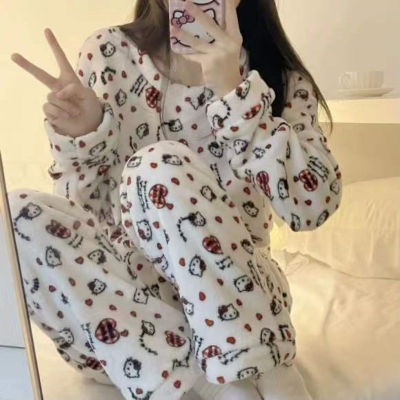 Sanrio Kuromi Y2k ชุดนอน Flannel ผู้หญิงสีดำอบอุ่นผ้าขนสัตว์การ์ตูน Casual Home ชุดนอน Kawaii ฤดูใบไม้ร่วงฤดูหนาว Suit