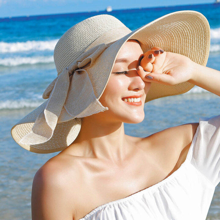 uv-protection-cap-folding-beach-hat-hundreds-of-beach-hat-straw-hat-with-bow-wide-brim-sun-hat-hand-knit-sun-hat