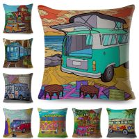 【LZ】 Both Sides Van Life Pillow Case Decor Happy Camper Cartoon House Travel Car Cushion Cover for Sofa Home Children Room Pillowcase