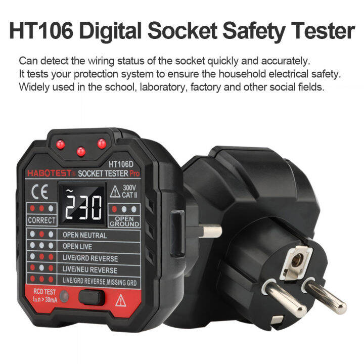 habotest-ht106-เครื่องทดสอบเต้ารับ-48v-250v-professional-เบรกเกอร์การทดสอบที่ถูกต้อง-gfci-rcd-เครื่องทดสอบซ็อกเก็ตเพื่อหลีกเลี่ยงไฟฟ้าช็อตและซ่อมบำรุงไฟฟ้า