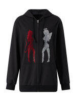 Rhinestones Of Demon Angel ตกแต่งแขนยาวซิปปิด Hooded Sweatshirt พร้อมกระเป๋า Y2K ผู้หญิงเสื้อลำลอง