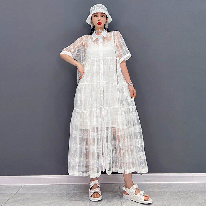 xitao-shirt-dress-fashion-casual-mesh-women-solid-color-dress