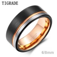 《 DTOU Fashion 》 TIGRADE แหวนผู้ชายแหวนทังสเตน Black Rose Gold Line Brushed 6/8Mm แหวนแต่งงานแหวนหมั้นผู้ชาย39; S Party Trendy Bague Homme