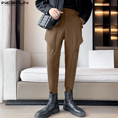 INCERUN กางเกงกางเกงลำลองผู้ชาย,กางเกงขายาวเอวยางยืดกางเกงชิโน (สไตล์เกาหลี)
