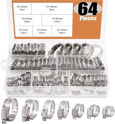 64Pcs Adjustable 8 to 38mm Diameter Clips Worm Gear Hose Clamp Assortment Kit for Various s Automotive Mechanical Use