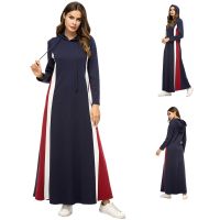 Q8Muslim Fashion Stripe Contrast Color Patchwork Dress Women Long Sleeve Hooded Long Dress Autumn Winter Casual Slim Brief Elegant Swing A Line Dress Female