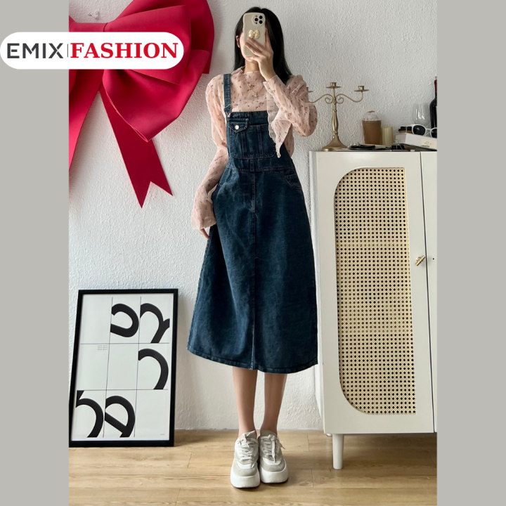 Yếm jeans dáng dài EMIX, váy yếm freesize dưới 55kg, chất bò, có ...