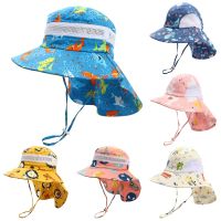 [hot]New 2023 Children Sun Hat Summer Cartoon Neck Protective Kids Caps Sea Printing Breathable Mesh Bucket Hat Bonnet For Boys Girls