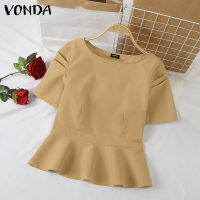 VONDA เสื้อสตรีแบบจีบเสื้อสตรีคอกลมเอวสวยหรูเสื้อสีพื้น (ลำลองเกาหลี) #2