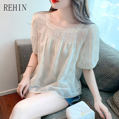 REHIN ผู้หญิงฤดูร้อนใหม่เกาหลีรุ่นสแควร์คอหลวมแขนสั้นเสื้อ Jacquard Elegant Lace Elegant เสื้อ