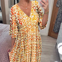 Summer Elastic Waist Long Dress 2023 Casual V-neck Short Sleeve Loose Party Dress Women Pattern Printed Bohemian Beach Dress