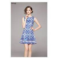 European and American All-Matching Blue-and-White Positioning Printed Vest Dress