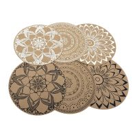 【CC】♀  4pcs Round Non-Slip Hessian Jute Printed Table Dish Placemat Cup Coaster Doily Accessories