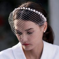 New Mesh Pearl Wedding Forehead Pearl Veil Headband Women Headdress Dance Party Dinner Veil Bridal Head Tiara Bride Head Piece