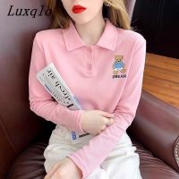 Luxqlo เสื้อยืดคอเสื้อแขนยาวโปโลผู้หญิงปักลายเสื้อยืดเบสิกสีทึบเสื้อเชิ้ตมีปก