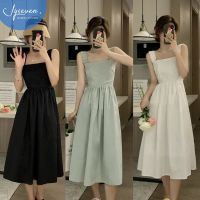 ∏ JYSeven.Square neck suspender dress korean style woman slim waist holiday sleeveless long dress 方领吊带連衣裙韓版顯瘦收腰度假小清新背心无袖长款连衣裙