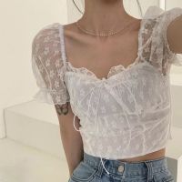 Lace shirt women summer pleated tie up square neck bubble sleeve top short shirt AIXIN