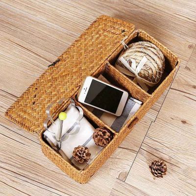 2Pcs Storage Basket Hand-Woven Creative Rice Table Coffee Table Storage Basket, with Lid