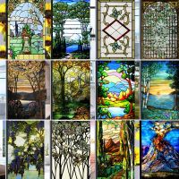 Custom Size Stained Glass Films Frosted Privacy Window Film Static Cling Vintage Scenic Colorful Window Door Sticker